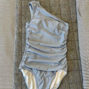 J. CREW Womens Ruched One-Shoulder One-Piece Swimsuit Pinstripe